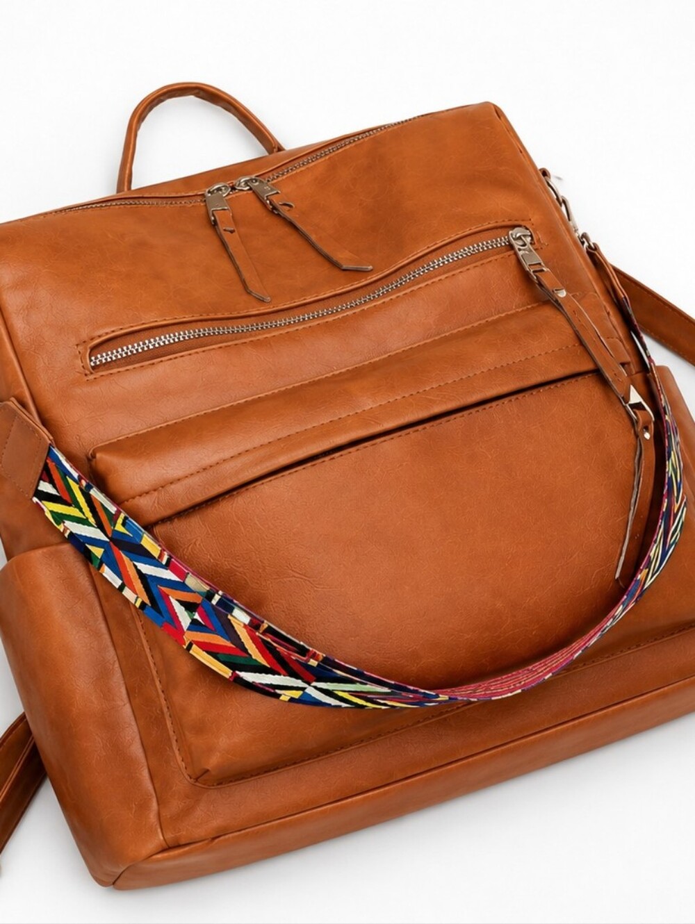 Convertible Backpack Purse – Cognac Brown Faux Leather Multi Pocket Travel Bag - Picture 2 of 5